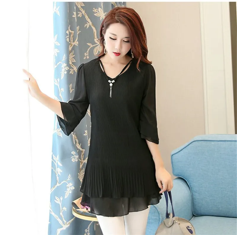 TEAEGG New Elegant Women Chiffon Blouses Office Lady Half Sleeve Shirt Formal Blusas High Quality Plus Size 5XL Tops AL855