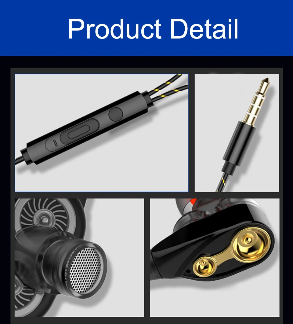 Dual speaker 3.5mm in-ear headphones double dynamic ring 1.2m Wired headphone cable for Android iOS Smart Mobile Phone (10)