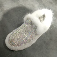 Зимние сапоги на лисьем меху; женские Стразы; коллекция года; Роскошные Плюшевые тапочки на плоской подошве; женская зимняя теплая обувь; удобные зимние сапоги