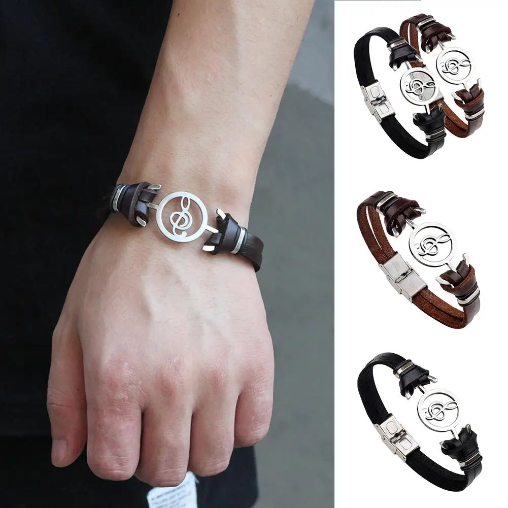 

Vintage Hollow Musical Note Bracelet Men Faux Leather Wristband Hand Jewelry