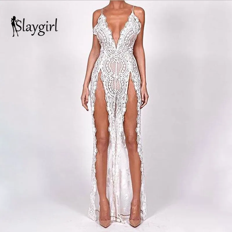 

Slaygirl Mesh Wide Leg sexy Jumpsuit Women Backless Deep V Neck Solid Party long Jumpsuit 2018 Lace Sequin Overalls Club