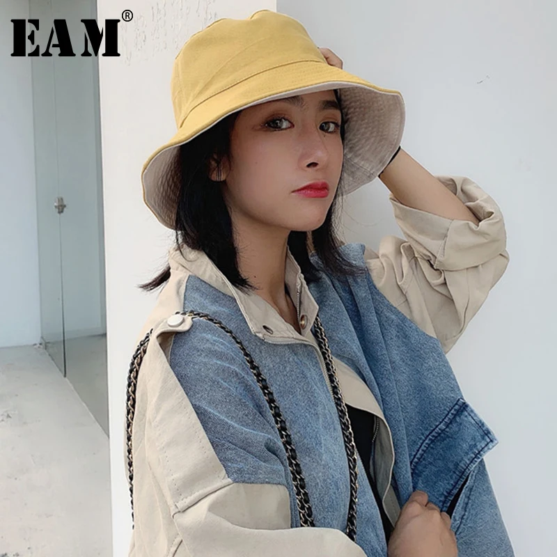 

[EAM] 2019 New Spring Summer Round Dome Solid Color Brief Temperament Double Sided Fishermen Hat Women Fashion All-match JX204
