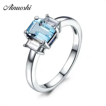 

AINUOSHI Pure 925 Sterling Silver Natural Blue Topaz Rectangle Ring 1.5 Carat Emerald Cut Classical Engagement Wedding Ring