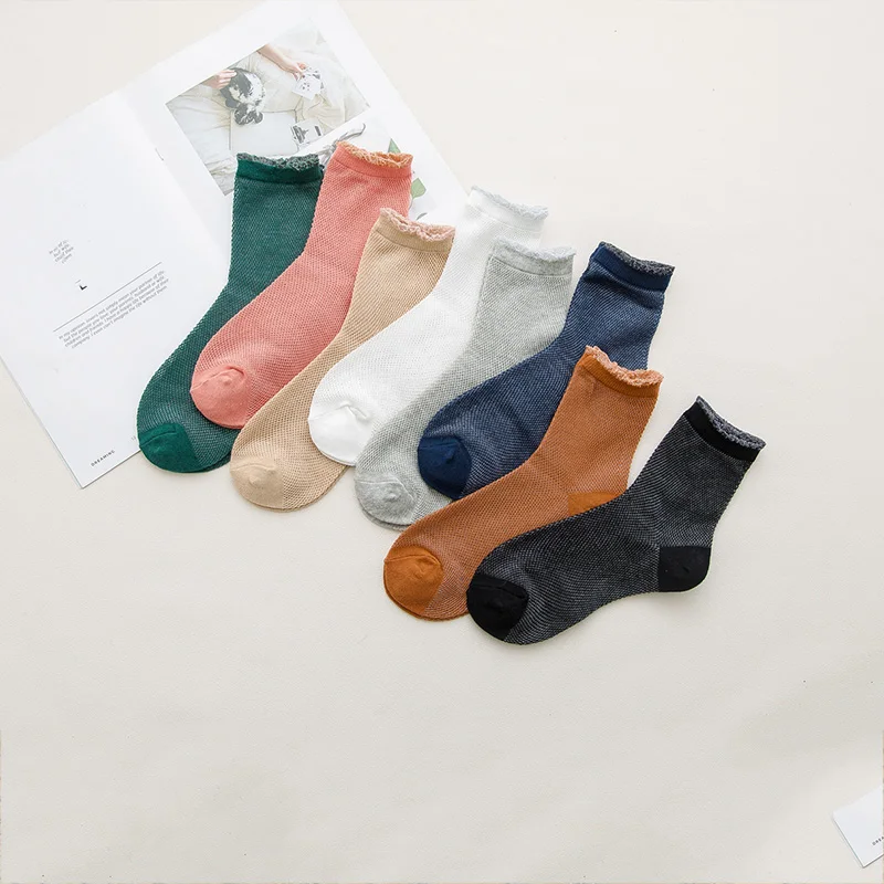 

New Spring Summer Casual Women Socks Cotton Solid Colour Comfortable Mesh Lace Side Ladies Socks Female