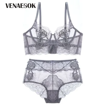 

Gray Bra Transparent Black Deep V Sexy Underwear Women Bra and Panties Sets Embroidery Lingerie Set Lace Fashion Brassiere