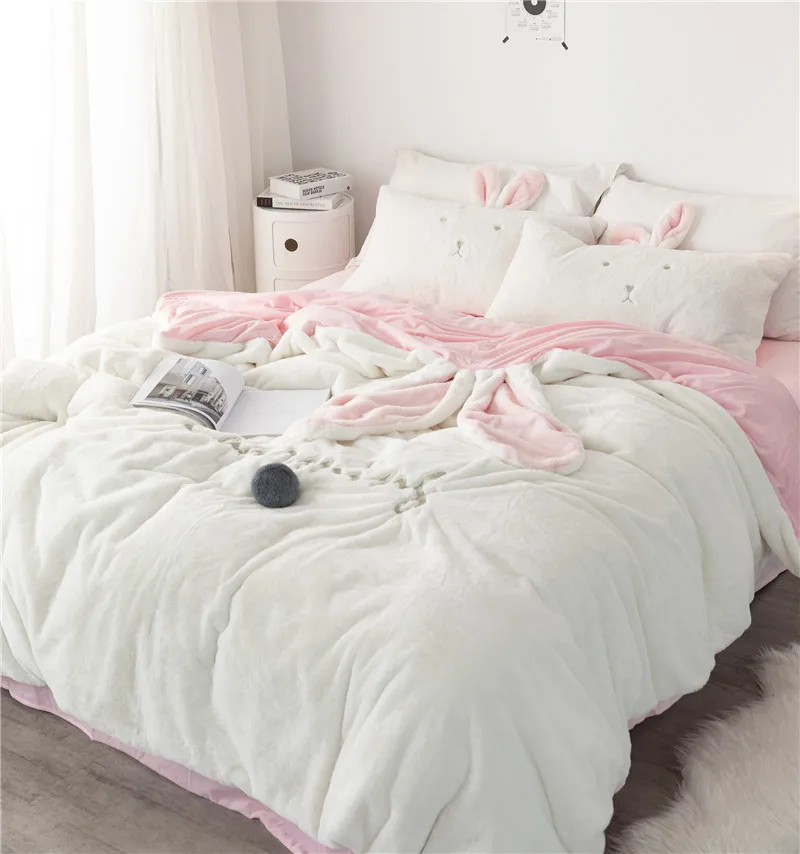 Белый Серый Розовый Кролик уши вышивка флисовой ткани для девочек комплекты постельного белья для детей бархат пододеяльник простыня/льняной чехол для подушки
