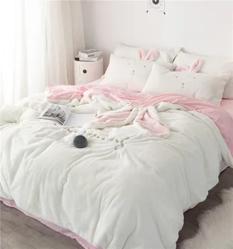 

New White Gray Pink Rabbit Ears Embroidery Fleece Fabric Girl Child Bedding Sets Velvet Duvet Cover Bed sheet/Linen Pillowcases