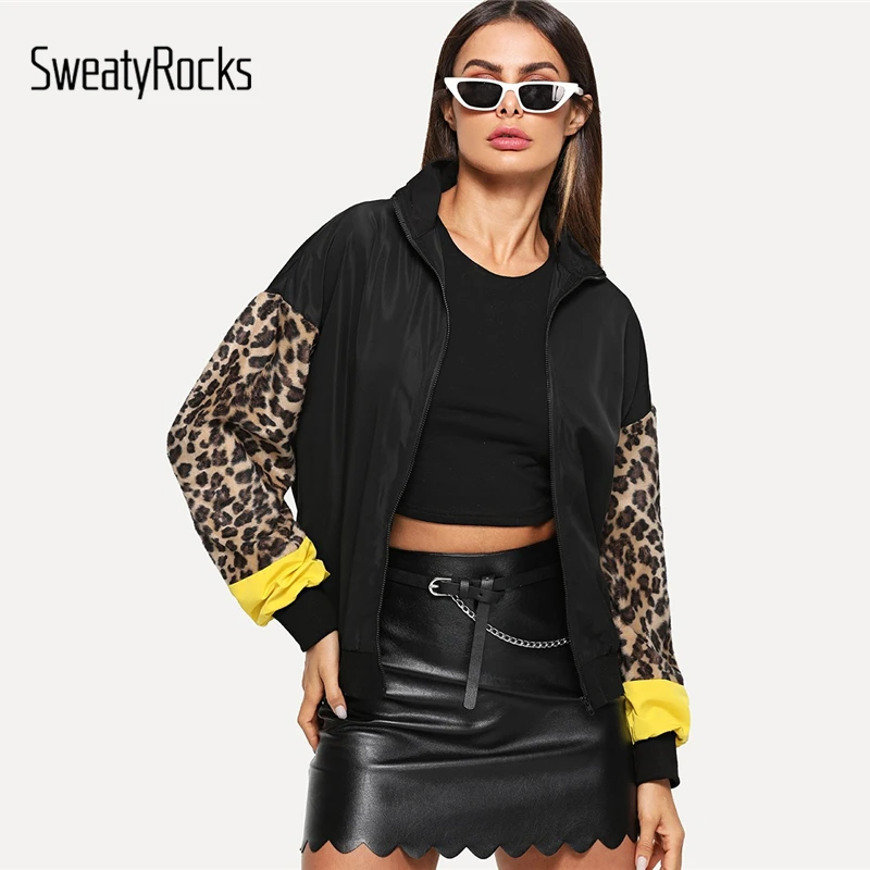 

SweatyRocks Black Zip Up Contrast Leopard Sleeve Jacket 2018 Women Autumn Clothes Outwear Coat 2018 Womens Jackets And Coats