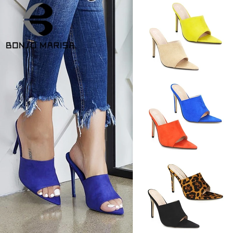 

BONJOMARISA New INS Fashion Pointed Toe Mules Women 2019 Summer Large Size 35-43 High Heels Slippers Women slip-on Shoes Woman