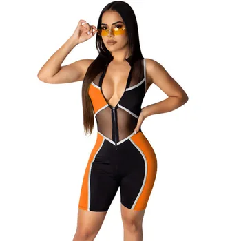 

Color Block Splice Sheer Mesh Playsuit Women Front Zipper Sleeveless Casual Fitness Overalls Sexy Bodycon Romper Shorts Jumpsuit
