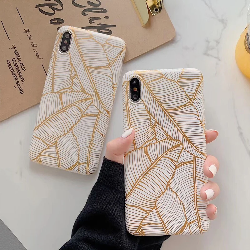 

SUYACS Plating Line Leaf Phone Case For iPhone XR XS Max 6 6S 7 8 Plus X Matte Soft IMD Full Body Phone Back Cover Shell Gifts