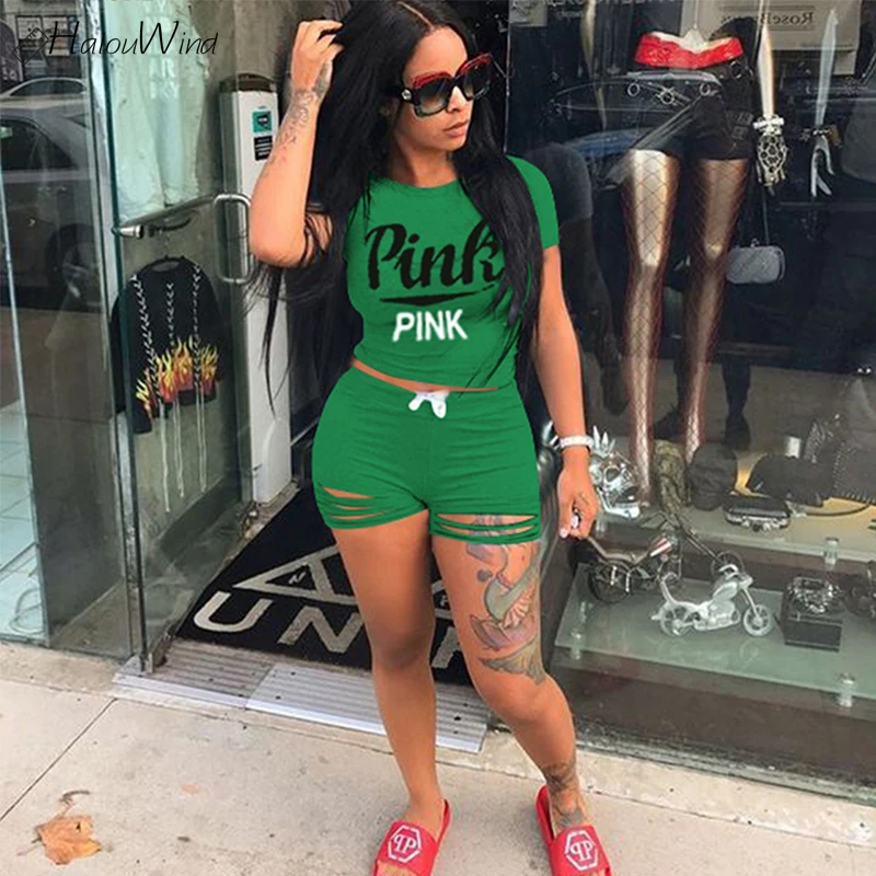 

2019 Summer Clothes Pink Plus Size Outfits Tracksuit Two Piece Set Ensemble Femme Jogging Cropped Top + Shorts Causla Sets XXXL