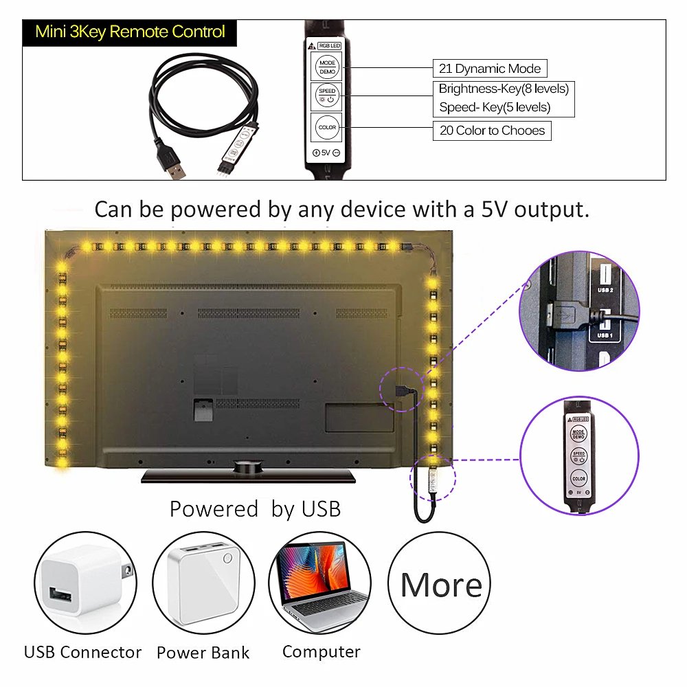 2835 Ribbon RGB USB LED Strip Light 5050 USB Tira LED 5V Flexible Neon RGB Tape Fita Led Lights TV Backlight Background Lighting