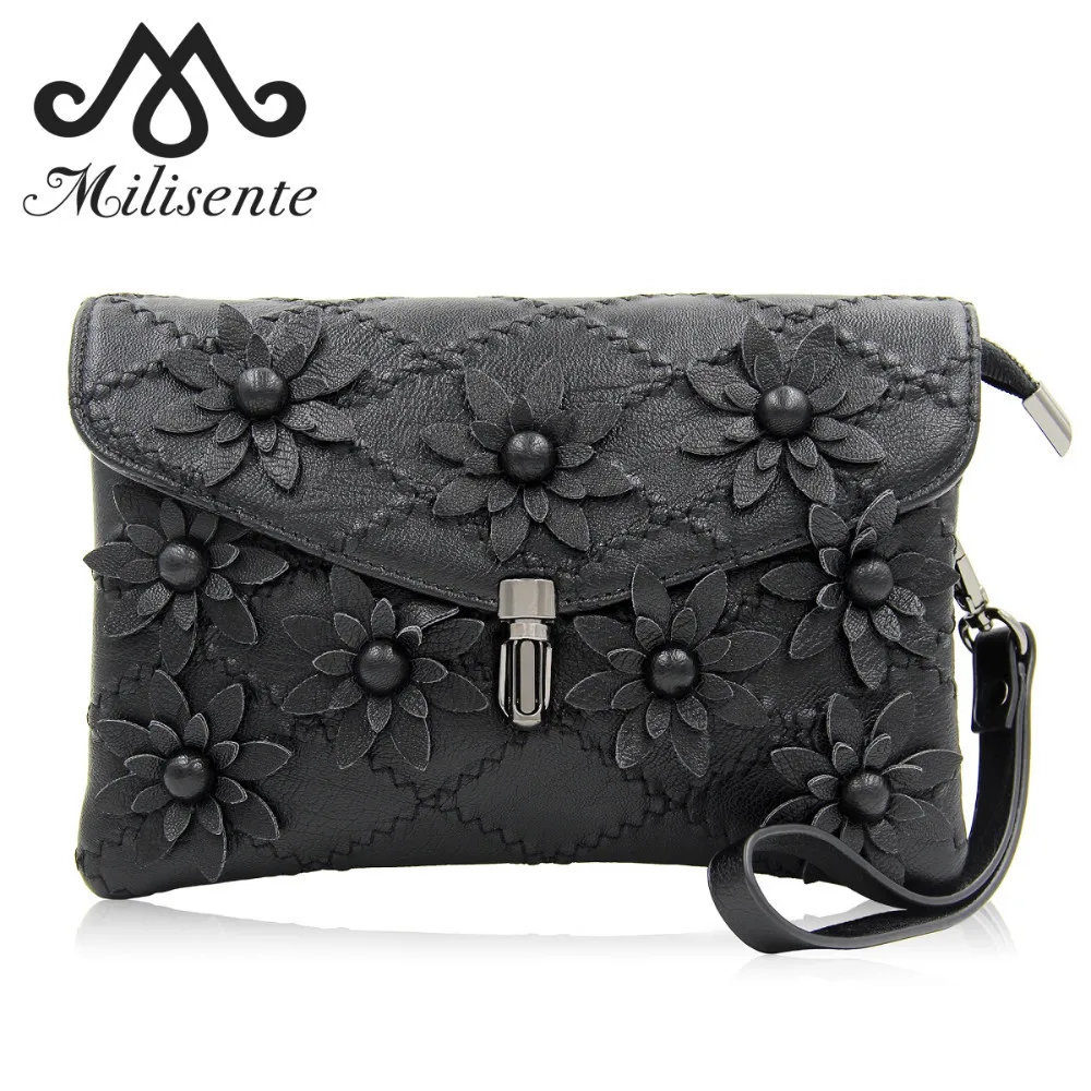 

Milisente Women Leather Bag Ladies Flower Handbag with Interior Slot Pocket Girl Casual Clutch Black Cell Phone Key Shoulder Bag