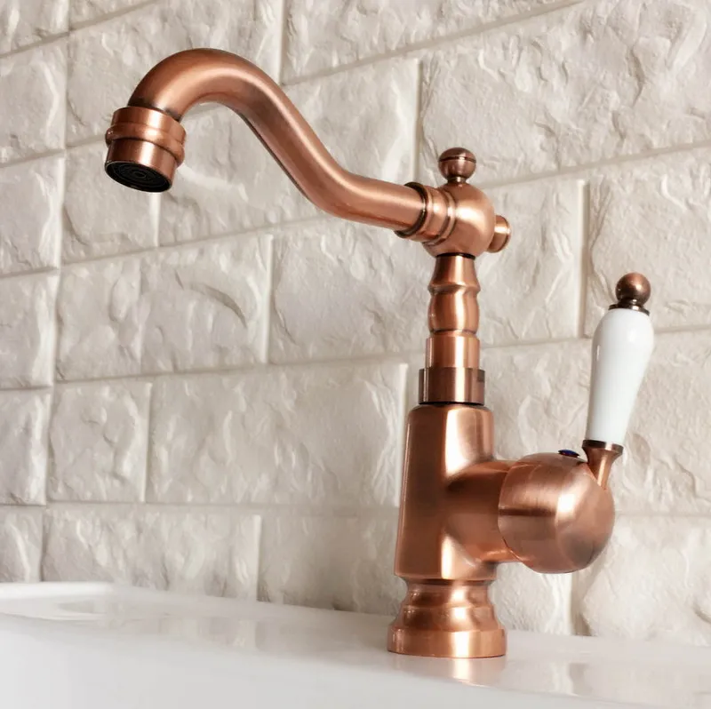 Antique Red Copper Brass Bathroom Kitchen Basin Sink Faucet Mixer Tap Swivel Spout Single Handle One Hole Deck Mounted mnf396