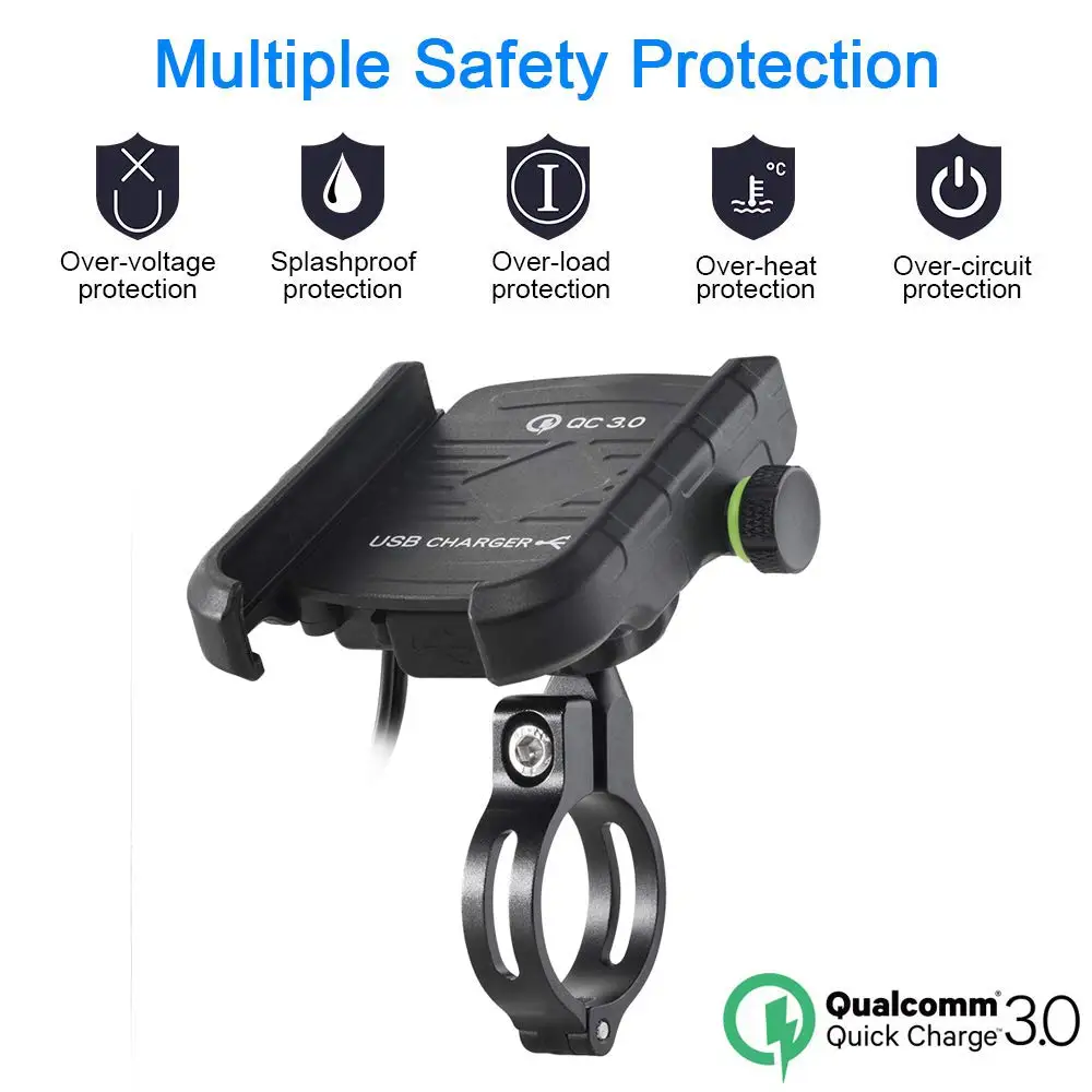 Aileap Universal Motorcycle Phone Mount Aluminum Bike Phone Holder Integrated with QC 3.0 Super Quick Charge USB Power Socket Aileap Universal Motorcycle Phone Mount Aluminum Bike Phone Holder Integrated with QC 3.0 Super Quick Charge USB Power Socket