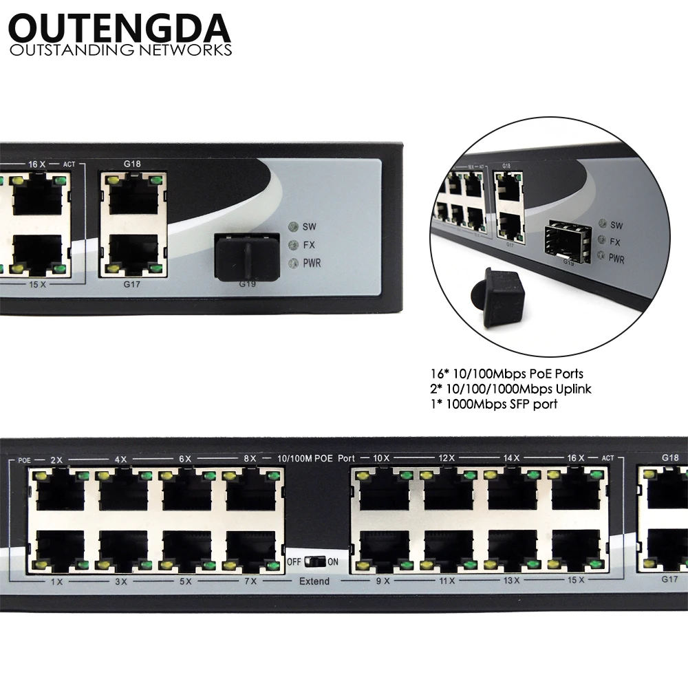 16 коммутатор POE портов с 16 POE Порты 2 Gigabit Uplink 1*1000 Мбит SFP 802.3AF/AT Стандартный POE коммутатор Мощность IP Камера маршрутизатор