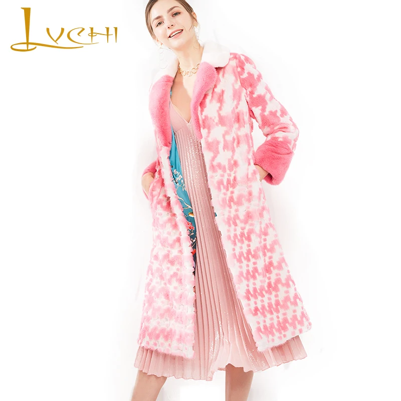 

LVCHI Winter 2019 Imported Velvet Mink Coat Pink Women's Natural Fur Slim Coat Print Turn-Down Collar Mink Coats Slim Mink Coats