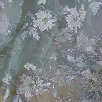 

One Yard 130cm Wide Beautiful Mint Green/Pink 3D Flower Embroidered Mesh Lace Fabric With Rhinestone Pearl Beaded Bridal Fabric