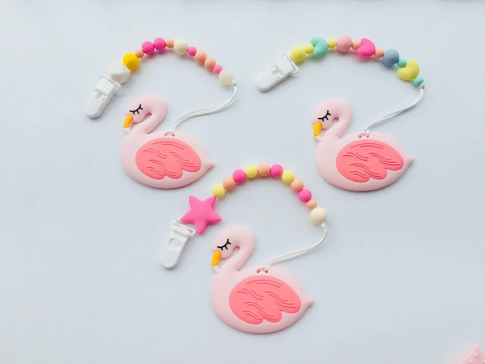 

Silicone flamingo Pacifier BPA Free Baby Teether Hand made Funny Colorful Bead Clip Holder Pacifier Clips Soother Chain For Baby