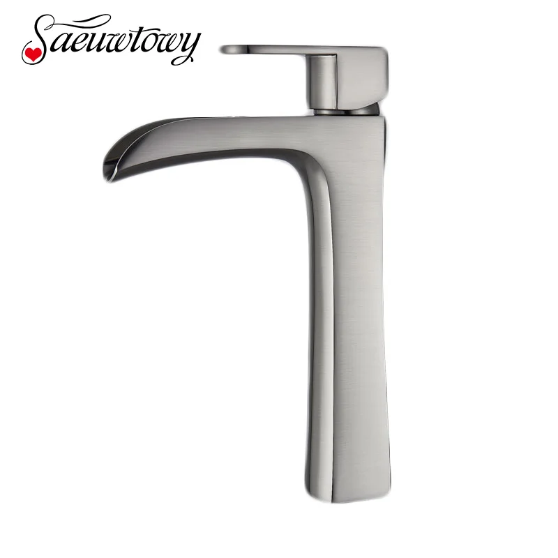 

Saeuwtowy Brushed Nickel Basin Faucet Deck Mounted Single Holder One Hole Hot & Cold Mixer Tap Waterfall