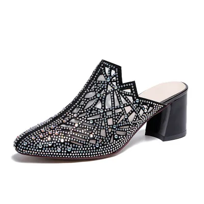 

Black Spring Summer Thick Heel Women Slides Leather Mules Slippers Half Square Toe Ladies Mules Clogs Sexy Slip On Shoes 5049