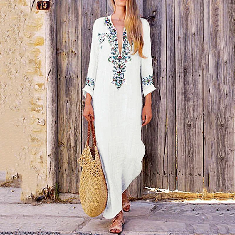 

Cotton Linen Long Dress Women Vintage Floral Print V-Neck Long Sleeve Side Split Casual Boho Ethnic Maxi Dress White Vestidos