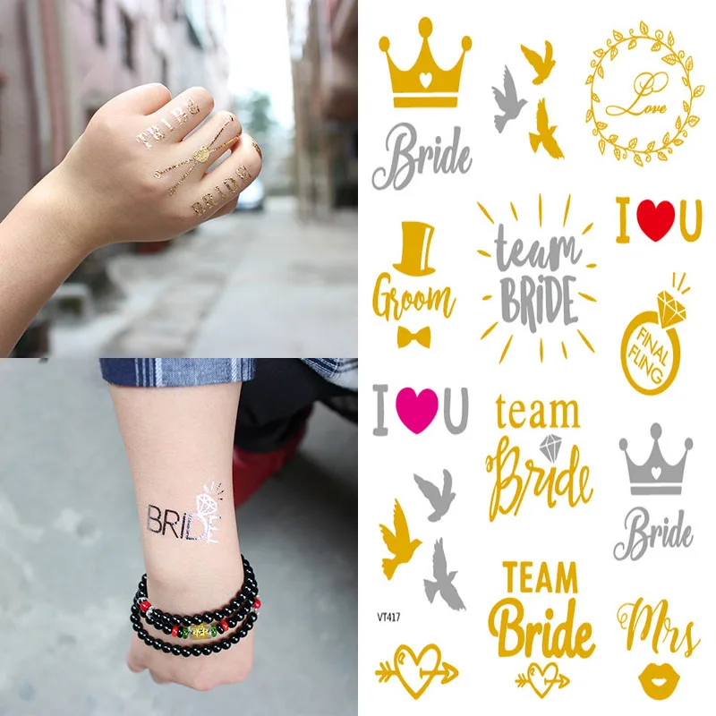 

Bride Team Bridesmaid Tattoo Sticker Waterproof Gold Silver Bride Body Decoration Wedding Bachelorette Hen Party Supplies