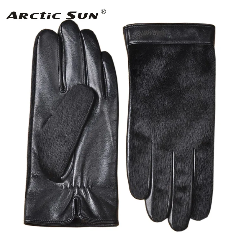 NEW 2017 Men Genuine Leather Gloves Fashion Black Fur Sheepskin Gloves Autumn Winter Plus Thermal Velvet Driving Gloves M030NC