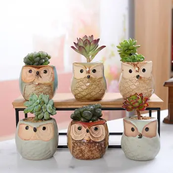 

6pcs Ceramic Owl Flower Pots Planters Flowing Glaze Base Serial Set Ceramic Planter Desk Flower Pot Cute Design