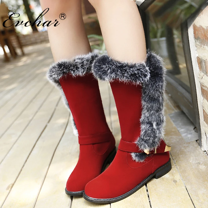 

Women's Fashion Mid-Calf Rabbit Hair Snow Boots Woman Shoes for Winter Warm Boots Low Round Toe heel boots SIZE 28-52