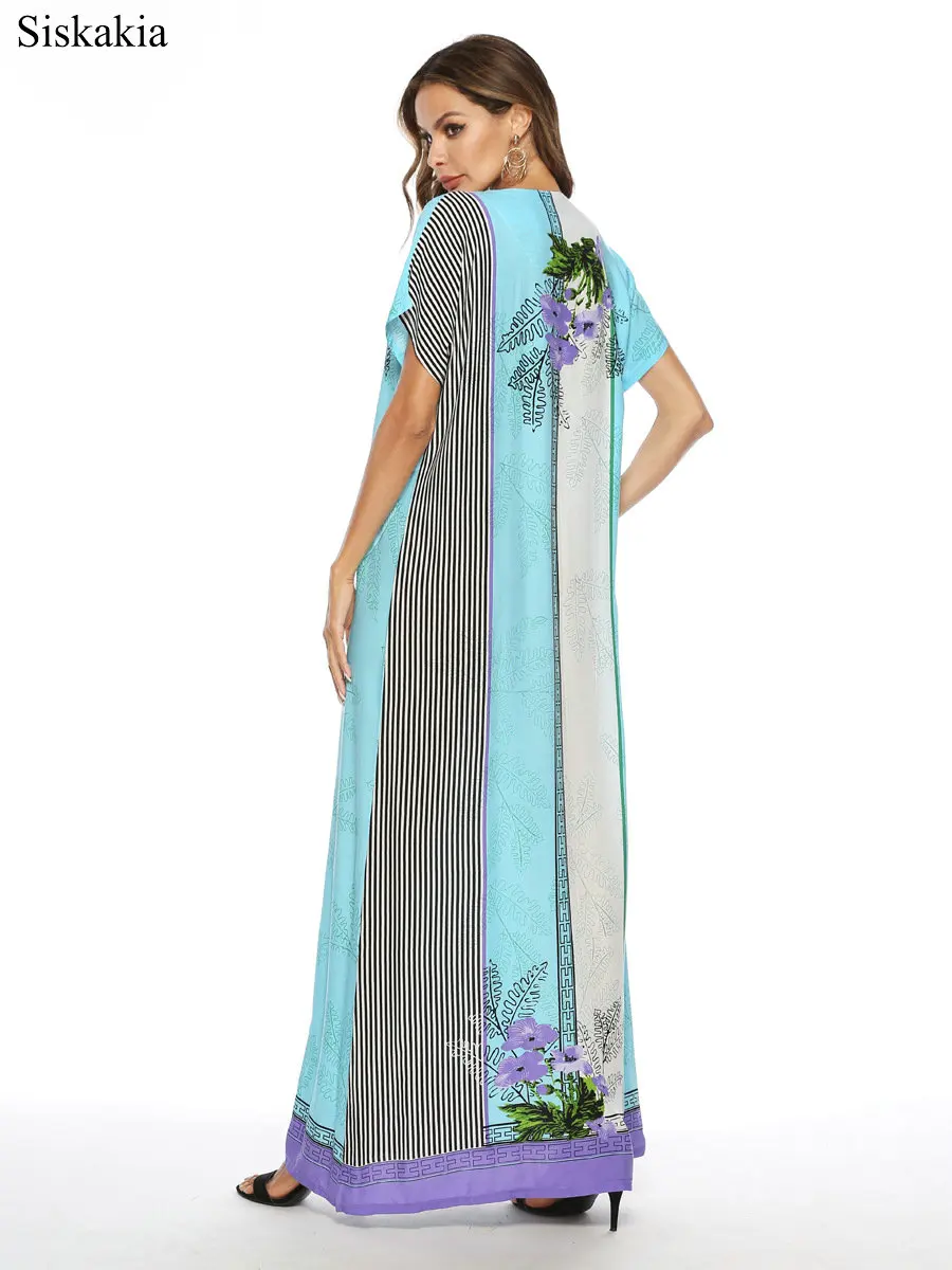 Siskakia Stripe Print Maxi Long Dress Women Elegant Loose Bohemia Style Female Long Dresses Light Blue V Neck Short Sleeve New (7)