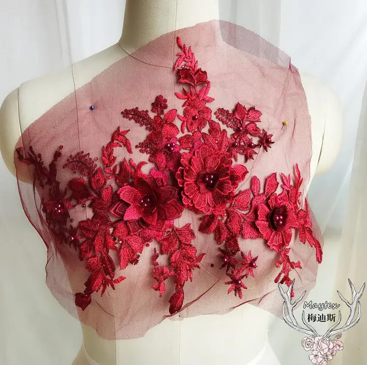 1 шт 36*27 см 3D цветок красочные сетки вышитые жемчугом бисером кружева аппликация с Стразы DIY кружевная ткань отделка - Цвет: burgundy