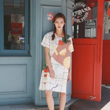 Harajuku новые летние Для женщин длинная рубашка платье свободные Повседневное короткий рукав платье корейский Мода с принтом фруктов длинные клетчатые Топы корректирующие