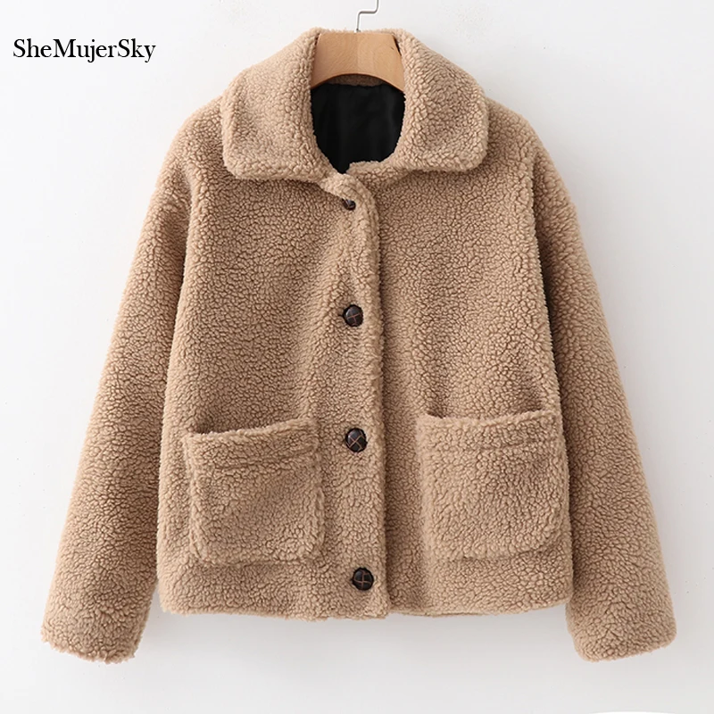 SheMujerSky فو الفراء سترة النساء أفخم معطف 2018 الخريف الشتاء المعاطف الدافئة مع أزرار jaqueta الأنثوية
