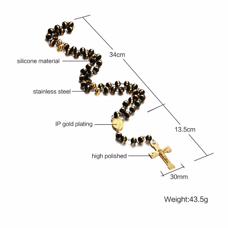Мужская, женская из нержавеющей стали резиновая подвеска ожерелье золотой тон Черный девственница Мэри крест с Иисусом Христом крест четки 30 дюймов Цепь