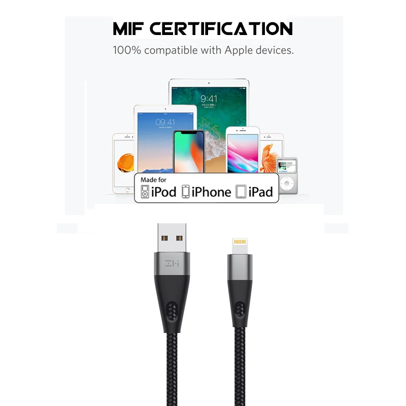 ZMI Lightning USB кабель Сертифицированный MFi Премиум нейлон PP плетеный рукав Кабель зарядного устройства для iPhone 1 M/2 M AL806 кабели синхронизации данных