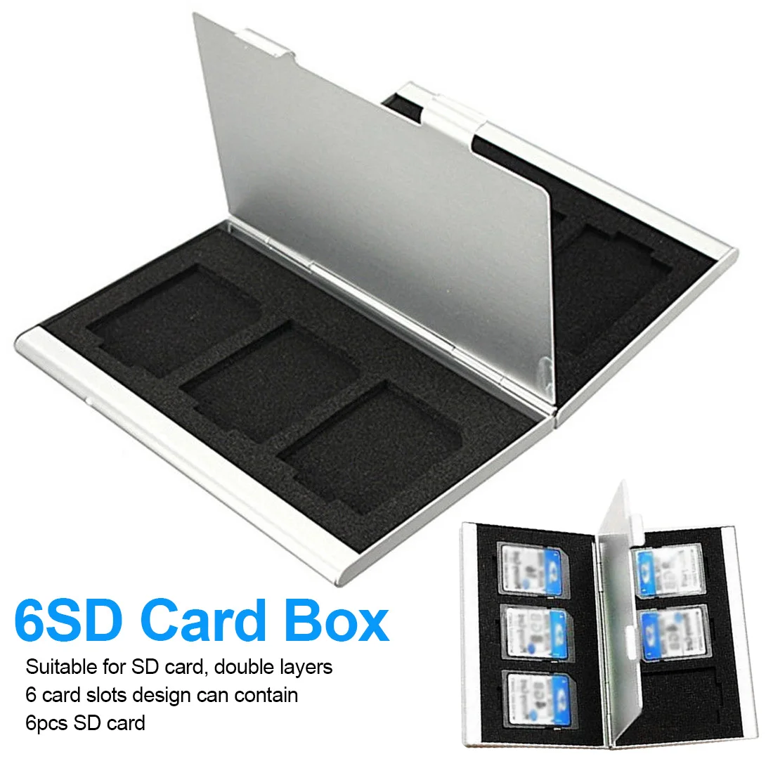 

Memory Card Case Newest 6 Slots Double-desk Aluminum Storage Box Holder Protector for SD Card