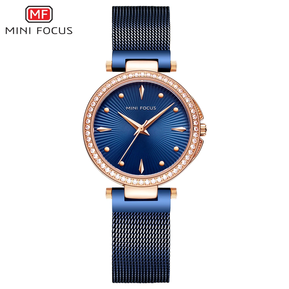 MINI FOCUS Women's Quartz Watches 3 Bar Waterproof Wrist Watch for Woman Lady Relogios Femininos Clock Blue Mesh Band MF0194L.01