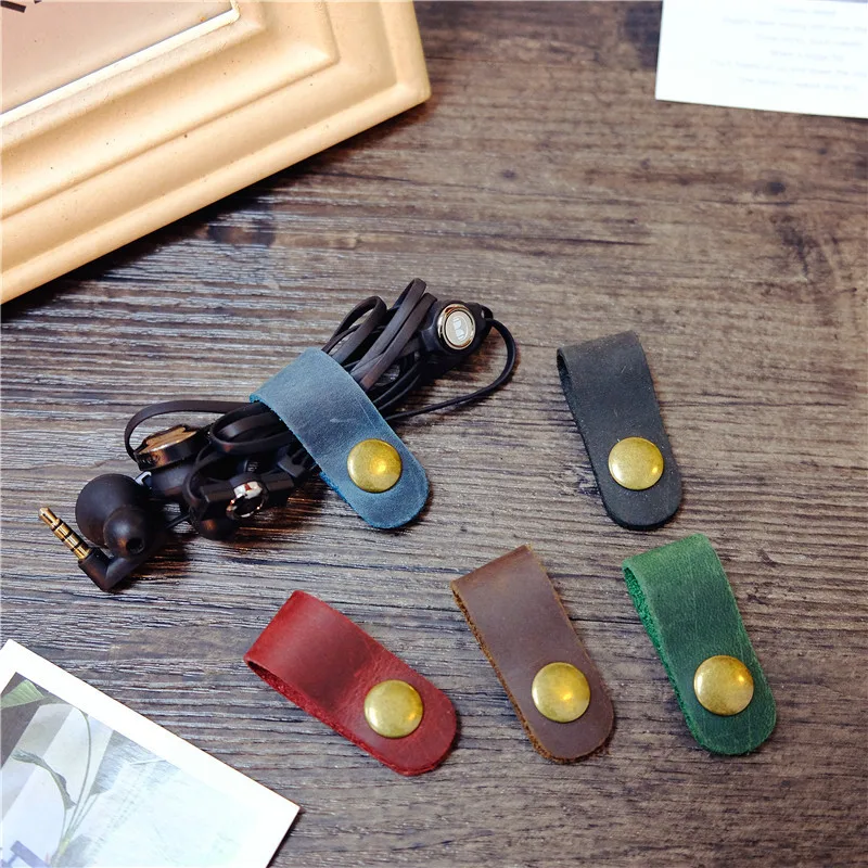 

10pcs/lot Genuine Leather Cable Wire Organizer Earphone Winder Cord Management Holder For iphone 5 6 7 USB Data cable