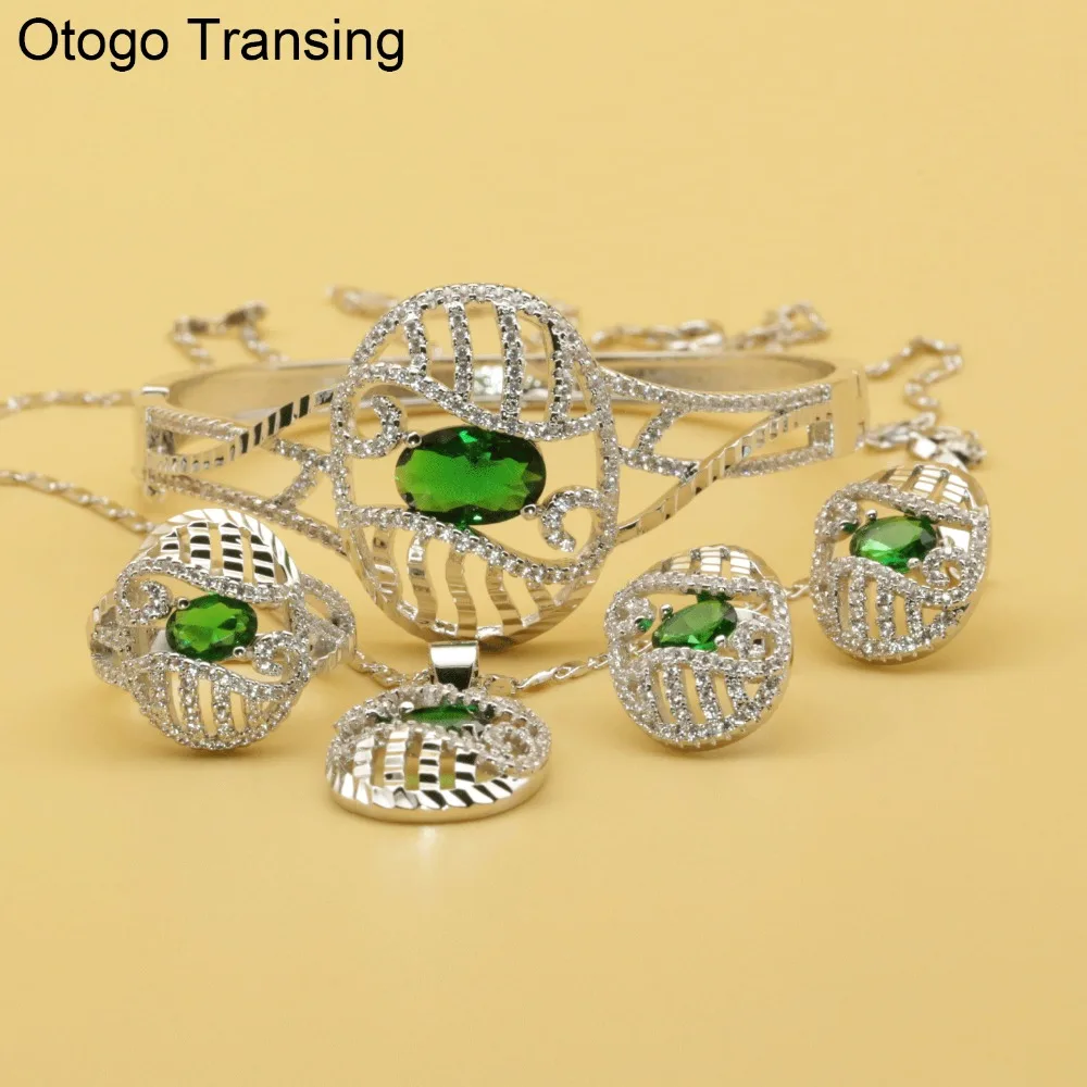 Otogo transing кулон/серьги/браслет комплект ювелирных изделий Серебро Цвет зеленого цвета с украшением в виде кристаллов циркония классический свадебный комплект ювелирных изделий Для женщин SET203