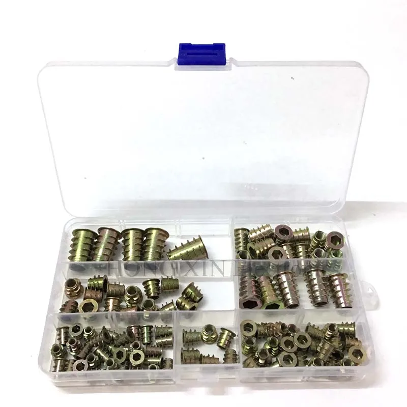 

100 Pieces Furniture Hex Socket Screw Inserts M4/ M5/ M6/ M8/ M10 Zinc Alloy Threaded Insert Nuts Assortment Tool Kit for Wood