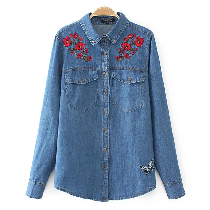 Floral Embroidery Cotton Denim Blouses Women Nice Spring Autumn Fashion Long Sleeve Blouse And Shirts Women Denim Tops Female