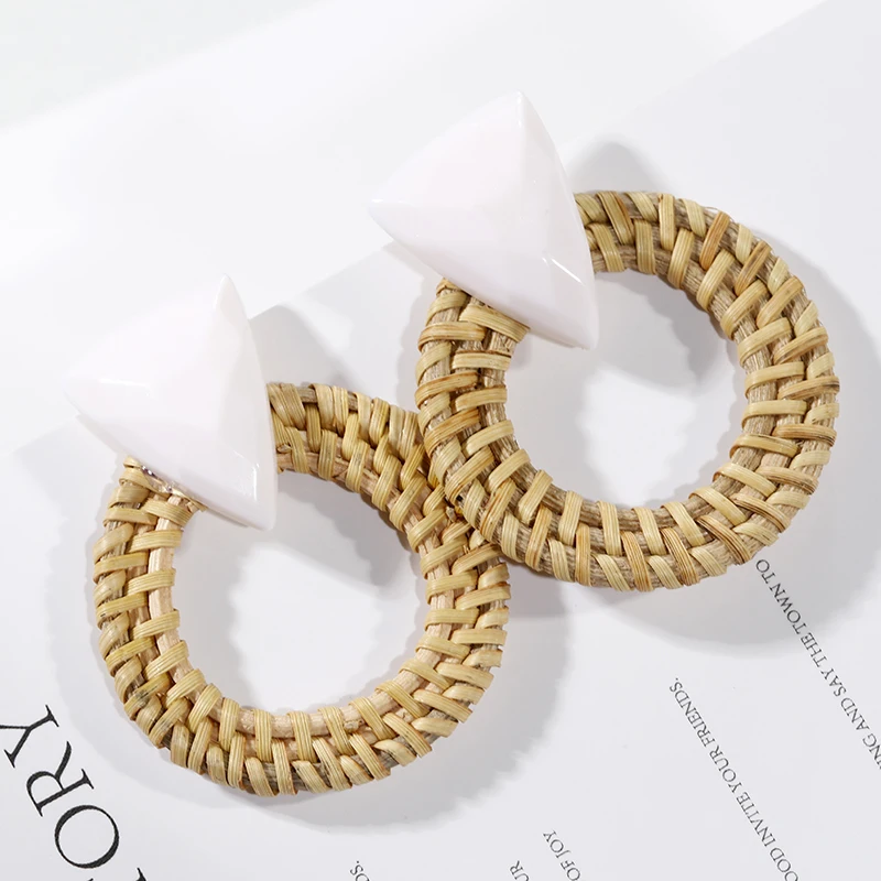 

AENSOA Handmade Bamboo Hollow Round Drop Earrings For Women Korea Wood Weave Rattan Vine Braid Acrylic Triangle Pendant Earring