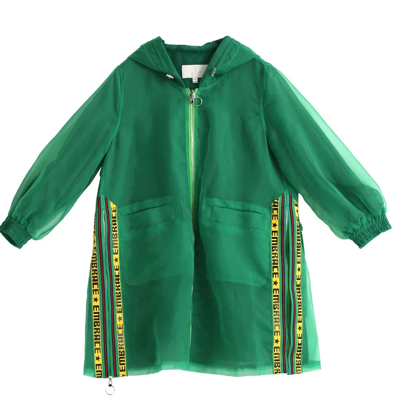 Женский осенний зеленый Тренч с капюшоном и длинным рукавом, Женский Тренч с буквенным принтом и лентой, модная повседневная верхняя одежда размера плюс JQ831