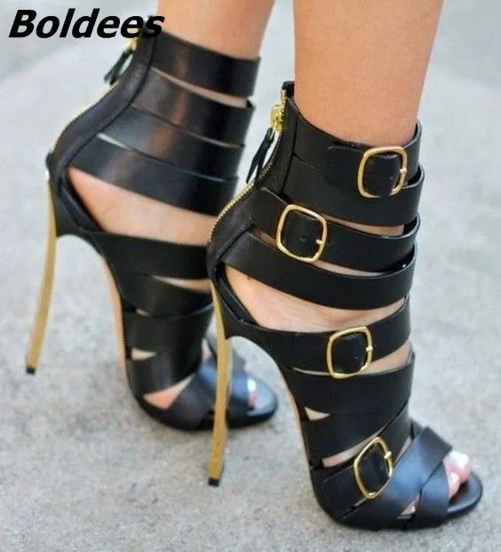 as Sandales Ouvert Chaussures out Sexy As Showed Bout Talons À Boucles Mince En Stiletto Noir Fantaisie Métal Décoré Color Cuir Hauts Color Cut 8gqA1