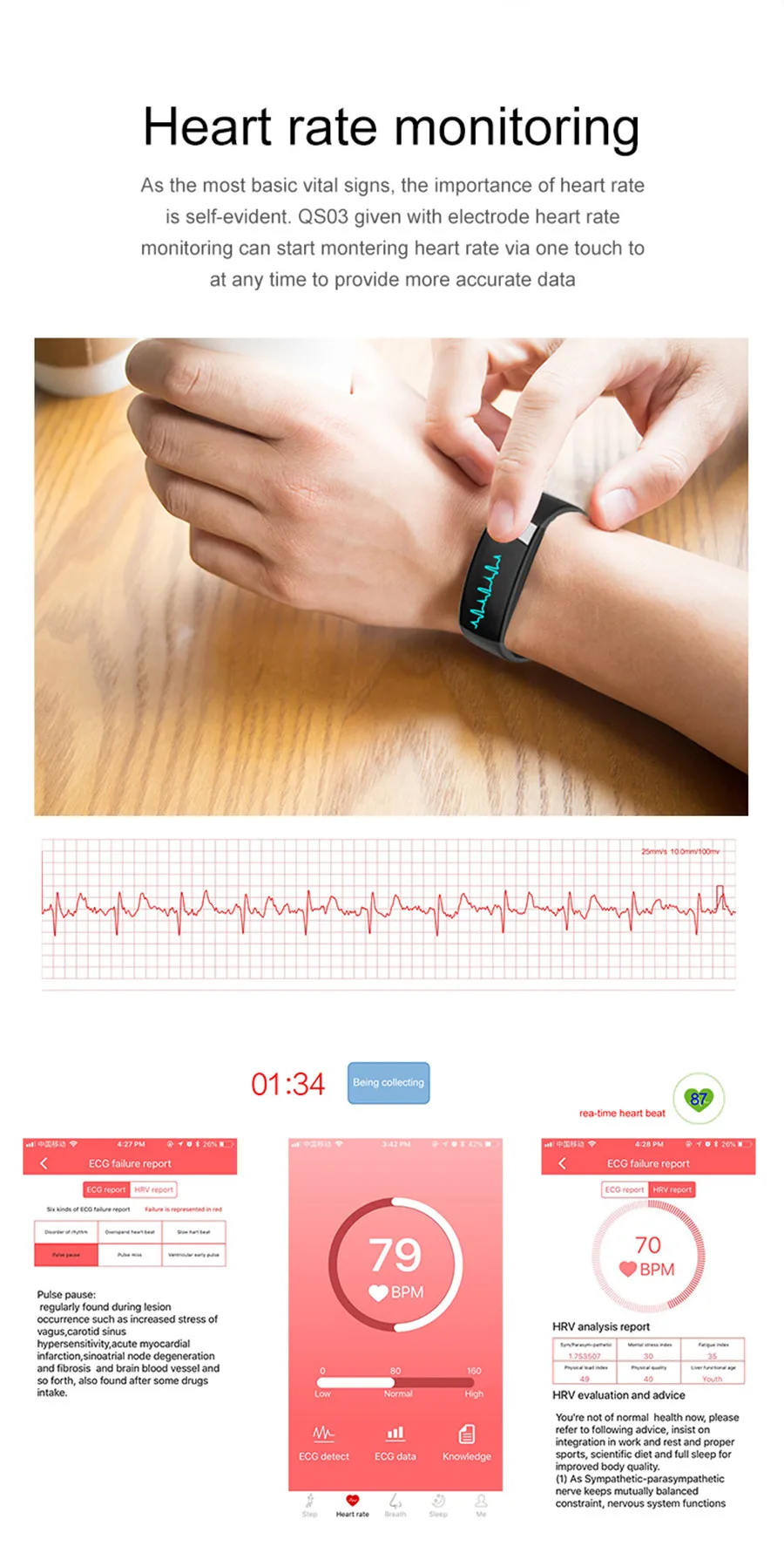 Модные Смарт-часы QS03, водонепроницаемый спортивный электрод ECG, мониторинг здоровья во время сна, информация о Bluetooth push