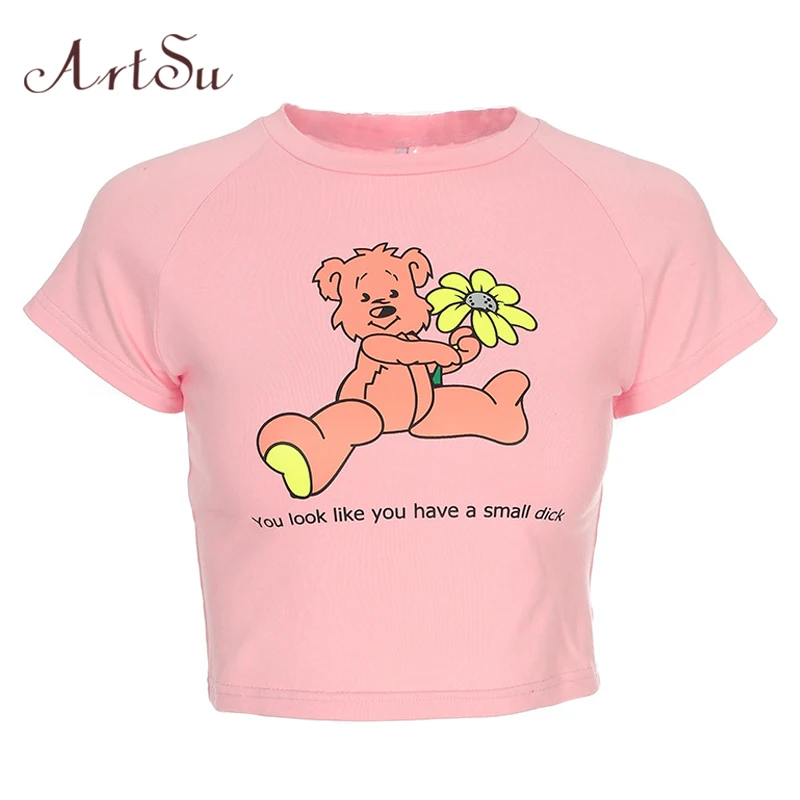 

ArtSu Summer Kawaii Cute Crop Top Short Sleeve Friends Tshirt Basic Pink Top Funny T shirts Women Vogue Streetwear