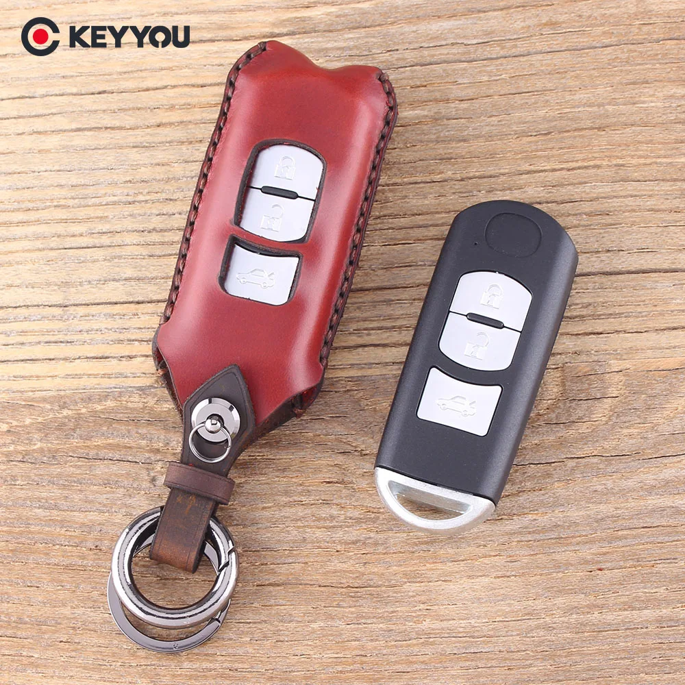 

KEYYOU Genuine Leather Key Shell Case Fob 3 Buttons For Mazda 3 5 6 CX-7 CX-9 Protector Key Cover Bag Modified Remote Key
