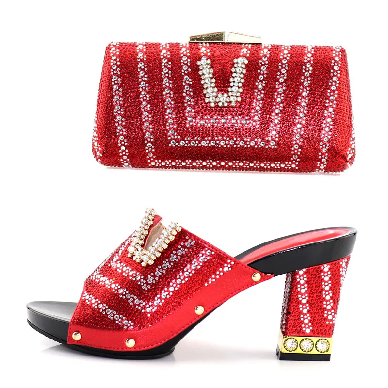 

New african aso ebi wedding party 3.7 inches heel rhinestones slipper shoes with matching clutches bag red shoes bag SB8136-3